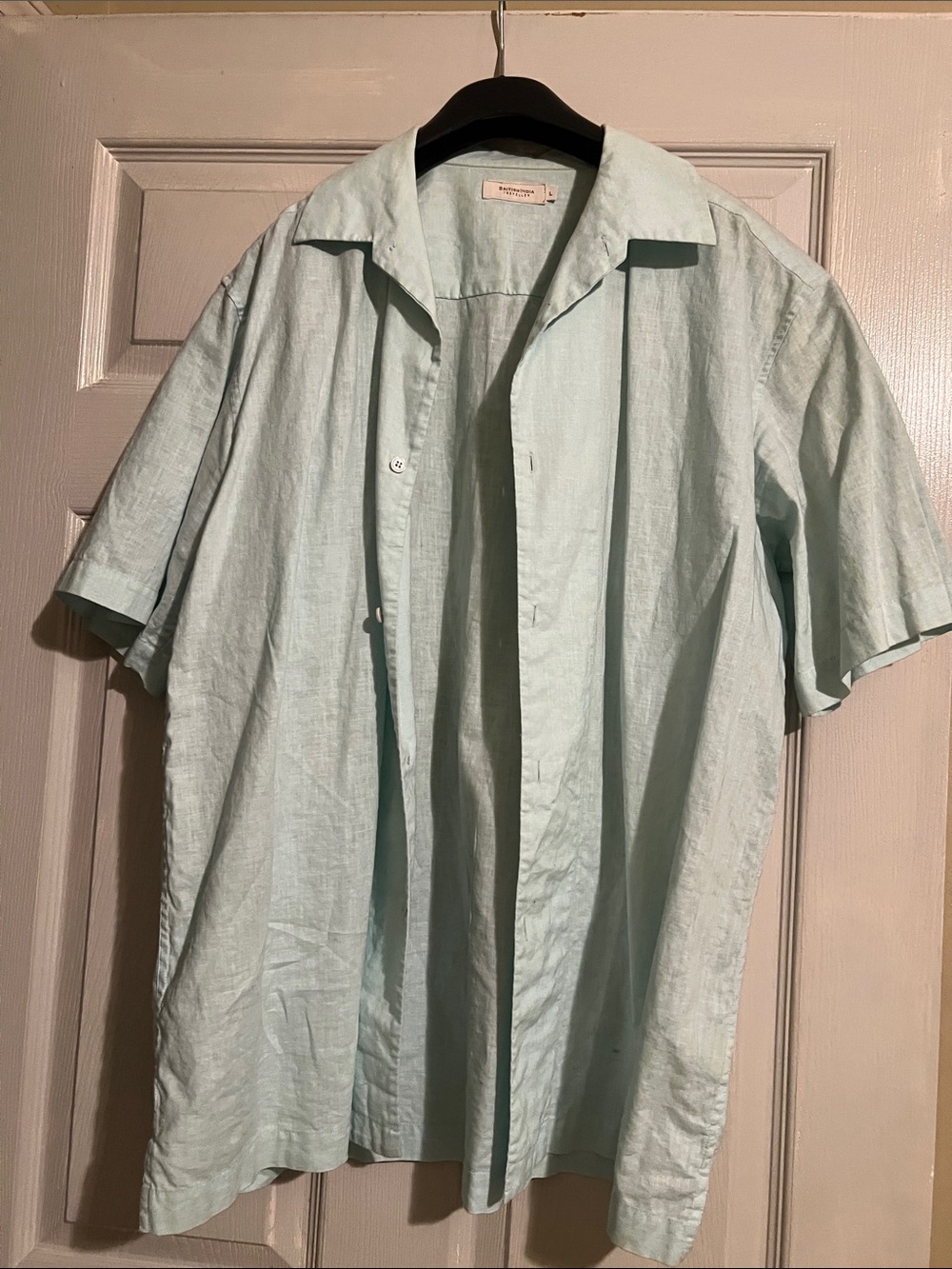Casual 55% linen/cotton  Short-Sleeve Button-Down Shirt in Mint